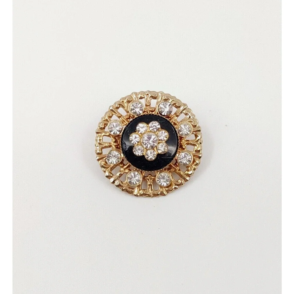 Vintage Flower Brooch Pin Black Gold-Tone Rhinestone Victorian
